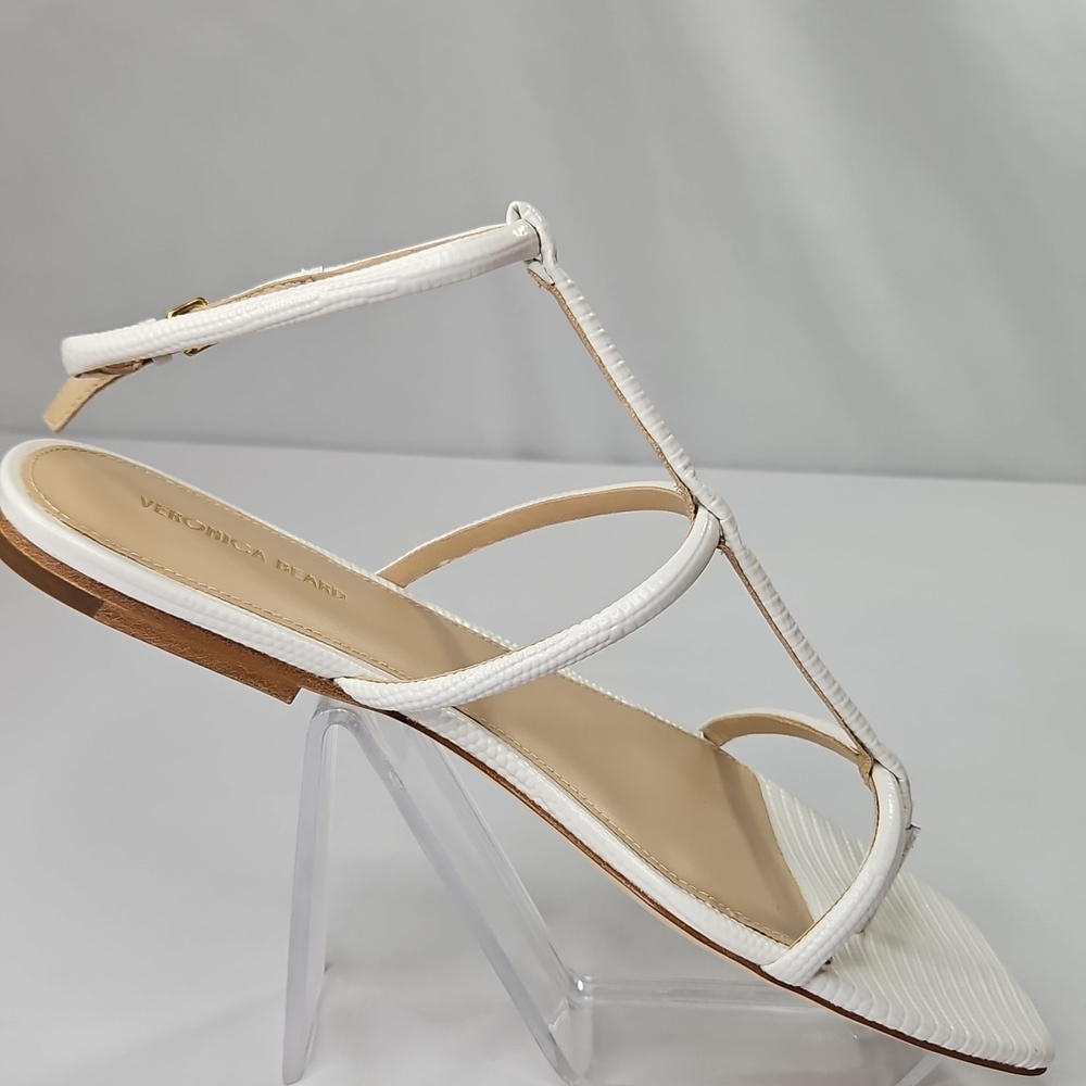 Veronica Beard Marbella lizard-embossed T-strap sandal  parchment white Sz 8 NWT - Picture 3 of 9